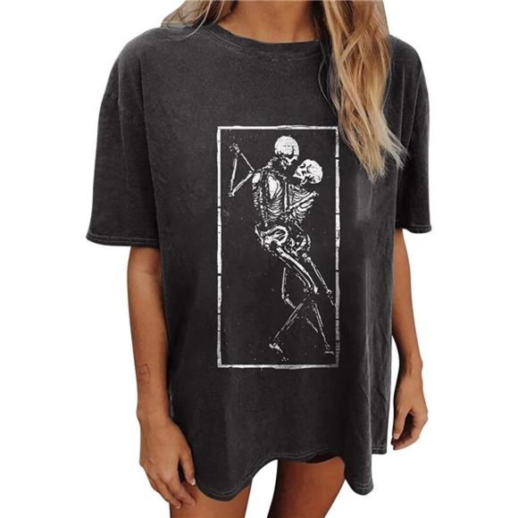 Boho Skeleton Love Graphic Printed Oversized T Shirt Short Sleeve Tee Top - Picture 2 of 7